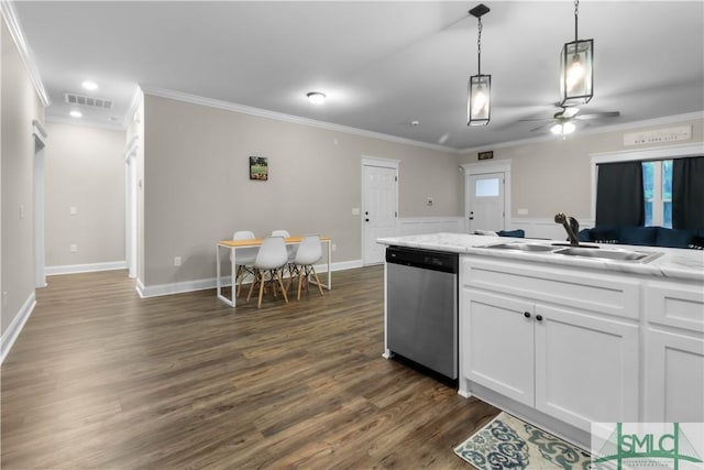 kitchen featuring white cabinetry, dishwasher, sink, dark hardwood / wood-style flooring, and decorative light fixtures