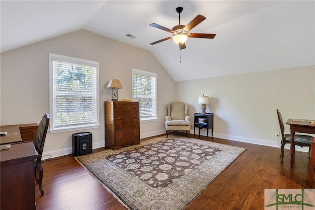 sitting room with dark hardwood / wood-style floors, ceiling fan, and lofted ceiling