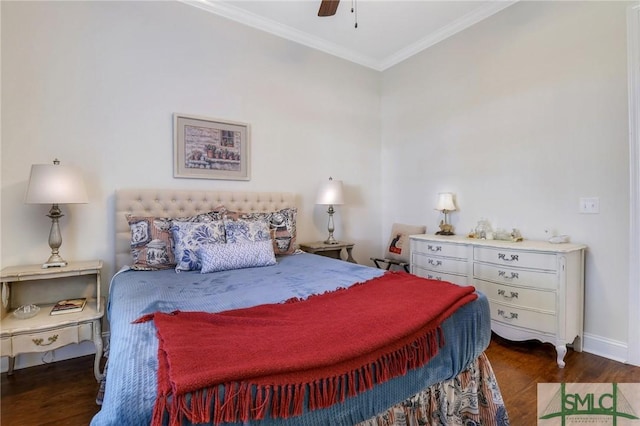 bedroom with ceiling fan, dark hardwood / wood-style flooring, and ornamental molding