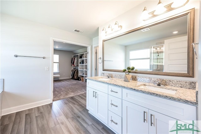 bathroom featuring a shower with door, plenty of natural light, vanity, and wood-type flooring