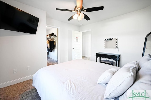 carpeted bedroom with a walk in closet, ceiling fan, and a closet