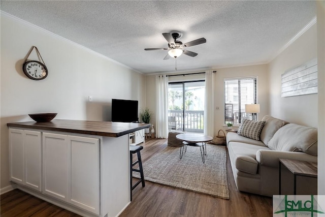 living area with ornamental molding, a textured ceiling, ceiling fan, and dark wood finished floors
