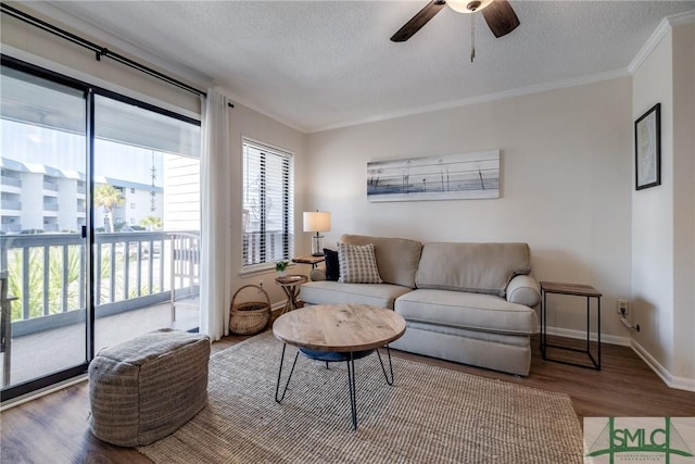 1217 Bay St Unit 105A, Tybee Island, GA 31328 - living area featuring wood finished floors, crown molding, a textured ceiling, a ceiling fan, and baseboards