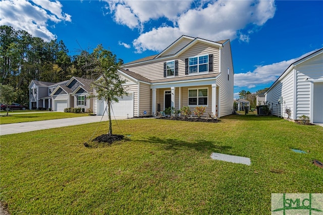 view of front of house featuring covered porch and a front yard