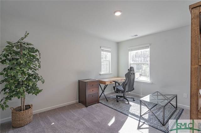 office area featuring light carpet