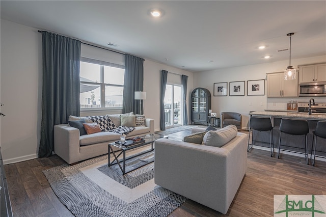 living room featuring dark wood-type flooring