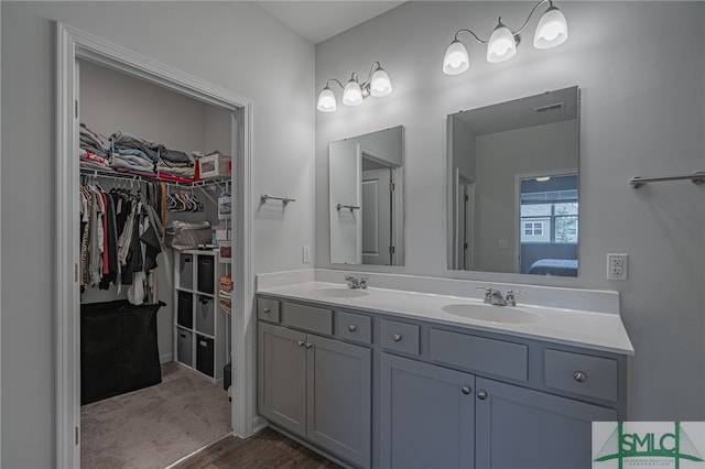 bathroom with hardwood / wood-style floors and vanity