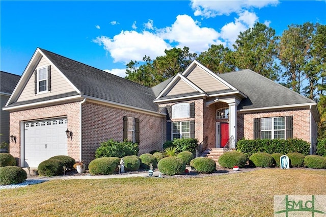 view of front of property featuring a garage and a front lawn