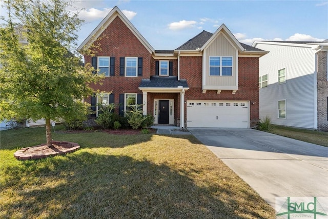 view of front of property featuring brick siding, board and batten siding, a front yard, a garage, and driveway