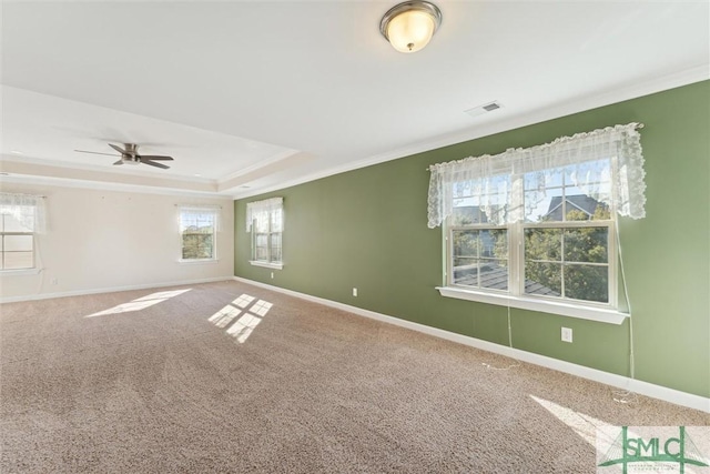 spare room with carpet floors, a raised ceiling, visible vents, and baseboards