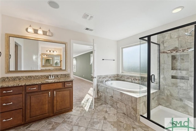 full bath featuring a stall shower, visible vents, vanity, and a bath