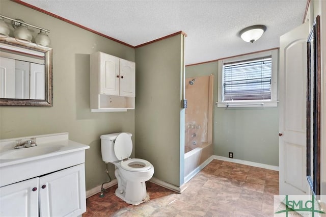 full bathroom with vanity, toilet, ornamental molding, a textured ceiling, and tub / shower combination