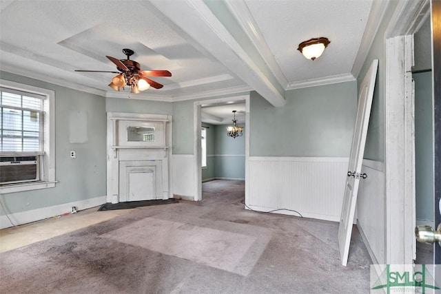 entryway with light carpet, ornamental molding, a textured ceiling, ceiling fan with notable chandelier, and cooling unit