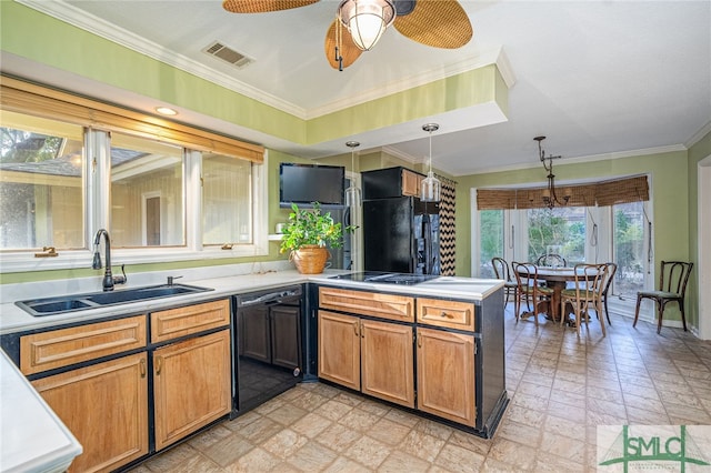 kitchen with ceiling fan, crown molding, sink, black appliances, and decorative light fixtures