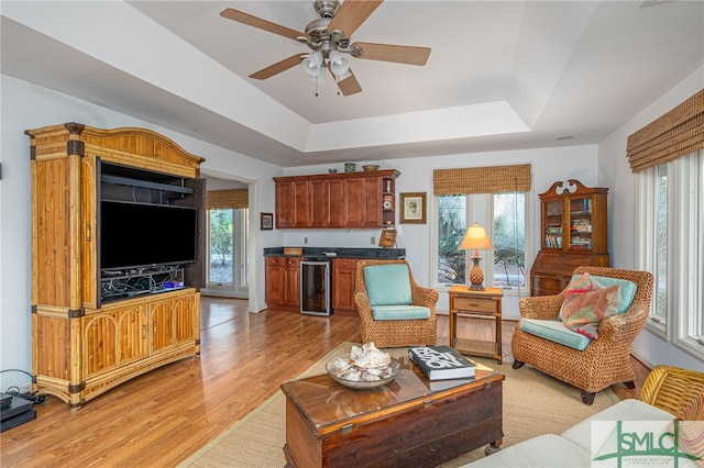 living room featuring light wood-type flooring, a tray ceiling, and a wealth of natural light