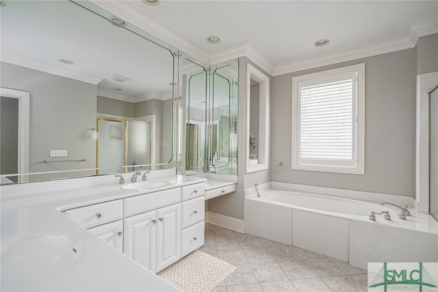 bathroom with tile patterned flooring, shower with separate bathtub, vanity, and ornamental molding