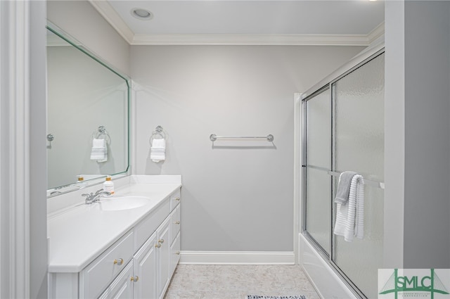 bathroom featuring vanity, tile patterned floors, ornamental molding, and enclosed tub / shower combo