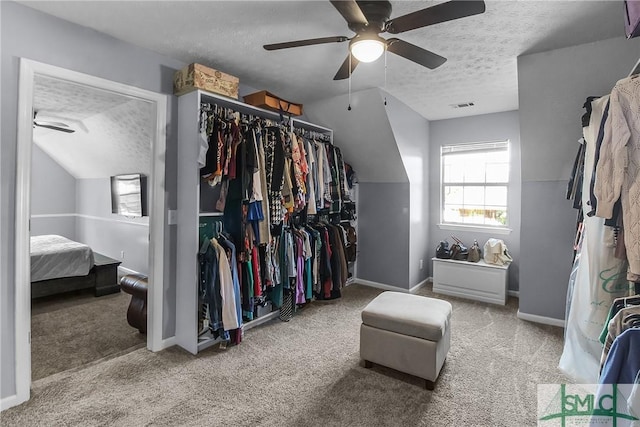 walk in closet featuring carpet, visible vents, ceiling fan, and lofted ceiling