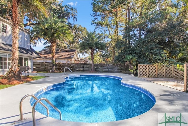 view of swimming pool featuring a fenced in pool, a fenced backyard, and a patio