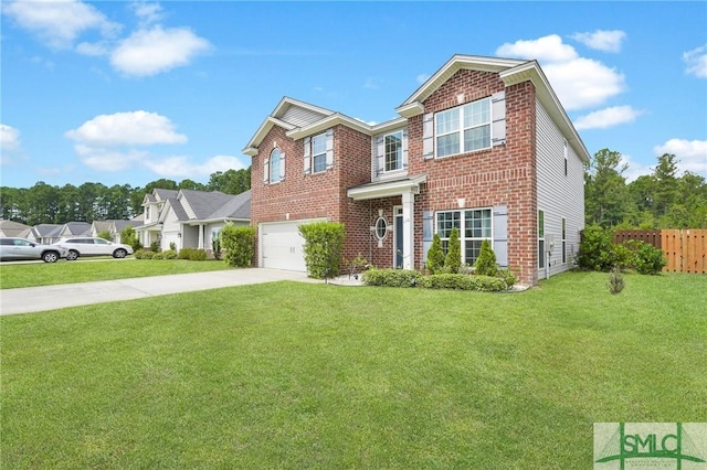 view of front of property with a garage and a front lawn