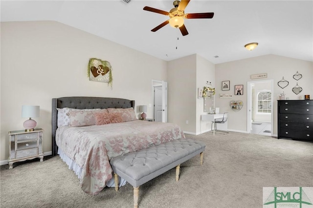 carpeted bedroom with ceiling fan and lofted ceiling