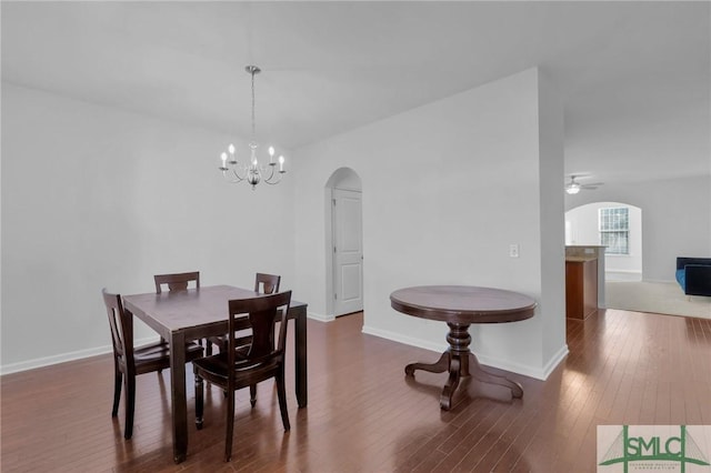 dining room featuring ceiling fan with notable chandelier and dark hardwood / wood-style floors