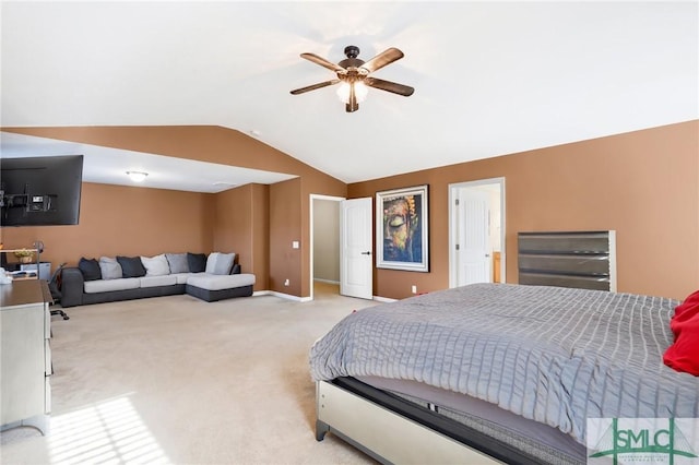 bedroom featuring ceiling fan, light carpet, and lofted ceiling