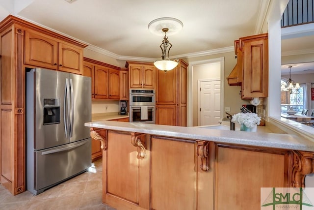 kitchen featuring appliances with stainless steel finishes, hanging light fixtures, light tile patterned floors, kitchen peninsula, and crown molding