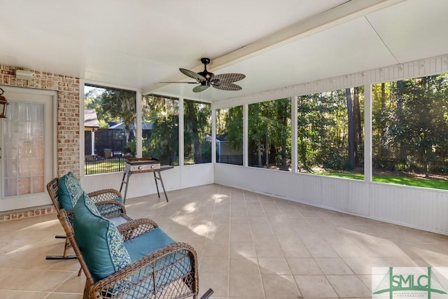 sunroom / solarium featuring a wealth of natural light and ceiling fan