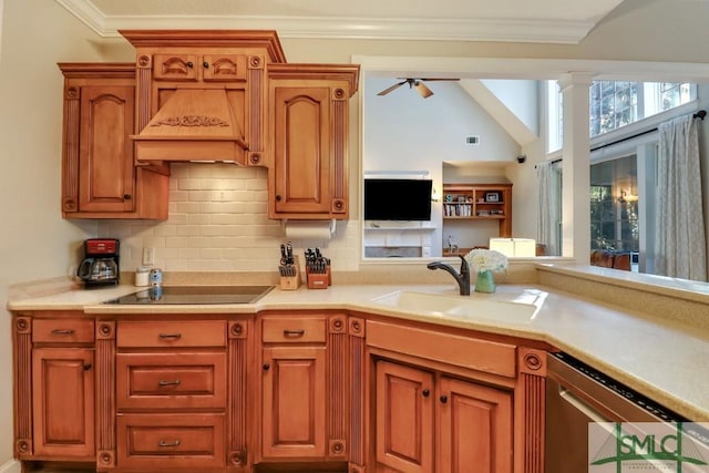 kitchen featuring sink, crown molding, tasteful backsplash, black electric stovetop, and stainless steel dishwasher