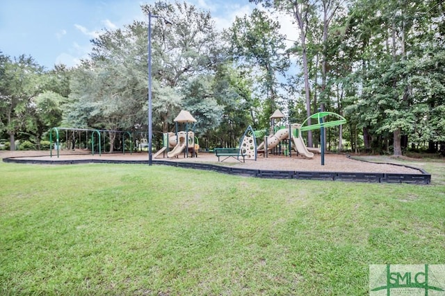 view of jungle gym featuring a lawn