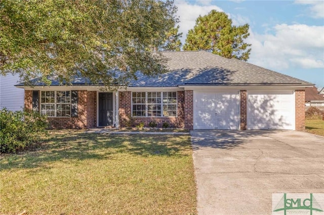 single story home with a front yard and a garage