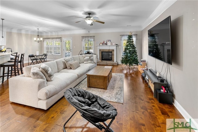 living room with a fireplace, ceiling fan with notable chandelier, dark hardwood / wood-style floors, and crown molding