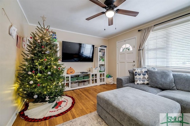 living room featuring wood-type flooring, a wealth of natural light, and crown molding