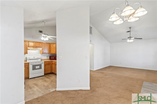 kitchen featuring electric range, high vaulted ceiling, light carpet, and ceiling fan with notable chandelier