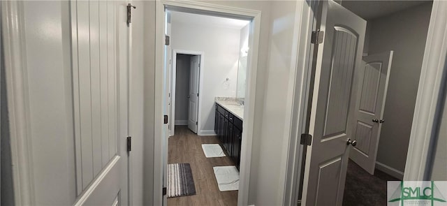 bathroom with wood-type flooring and vanity