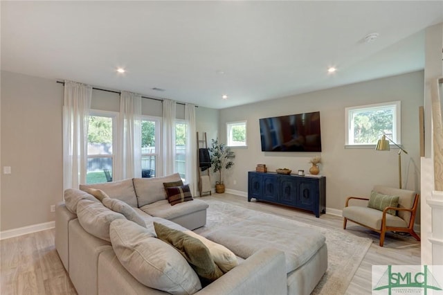 living room with light hardwood / wood-style floors and a wealth of natural light