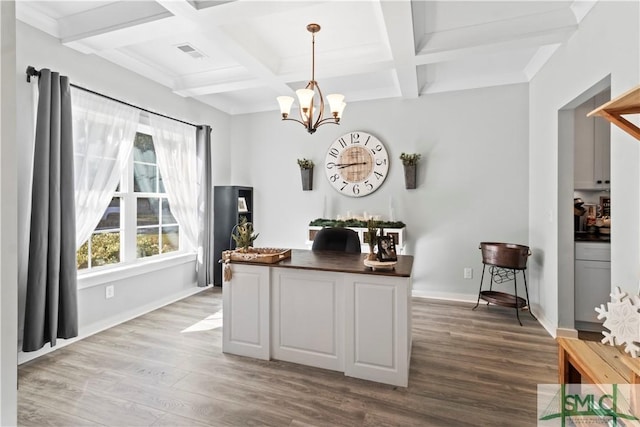 interior space with hardwood / wood-style floors, an inviting chandelier, white cabinets, coffered ceiling, and beam ceiling