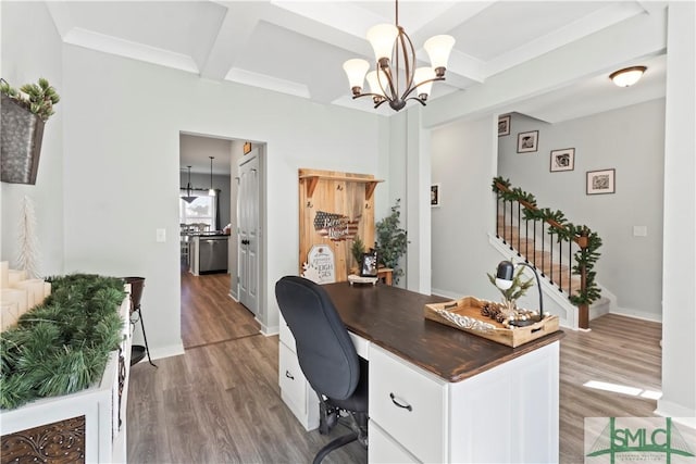 office featuring hardwood / wood-style flooring, beam ceiling, coffered ceiling, and an inviting chandelier