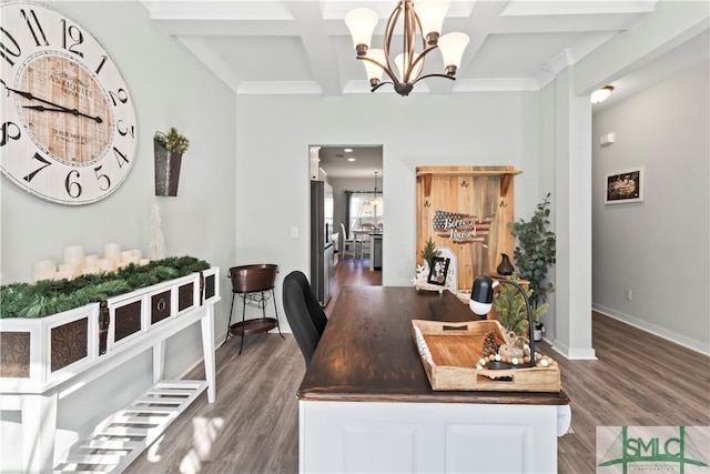 interior space featuring beamed ceiling, an inviting chandelier, dark wood-type flooring, and coffered ceiling