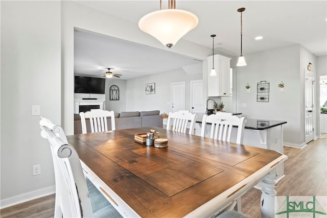 dining space with ceiling fan and wood-type flooring