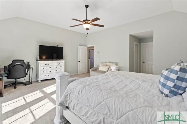 bedroom with light carpet, ceiling fan, and lofted ceiling