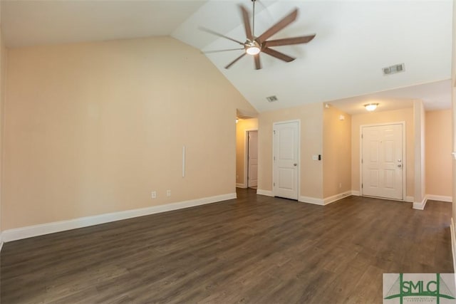 unfurnished living room with dark hardwood / wood-style floors, ceiling fan, and lofted ceiling