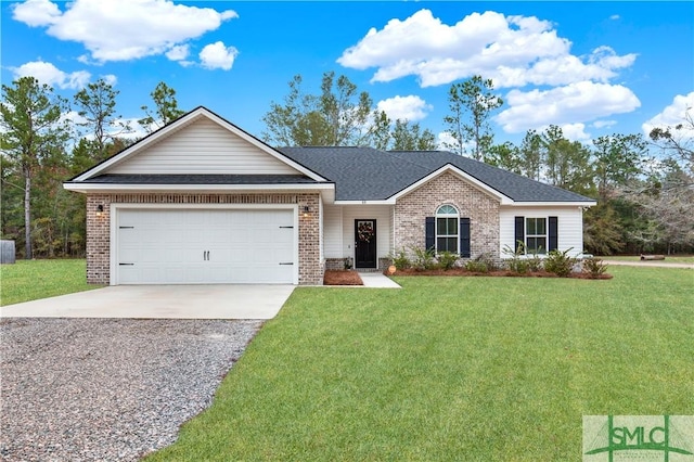 ranch-style house featuring a garage and a front lawn