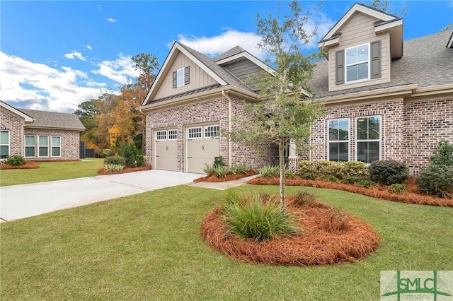 craftsman inspired home featuring a garage and a front lawn