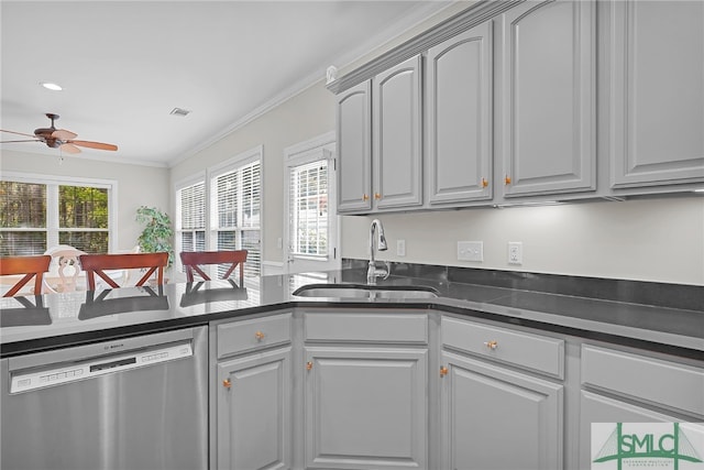 kitchen featuring gray cabinetry, dishwasher, sink, ceiling fan, and ornamental molding