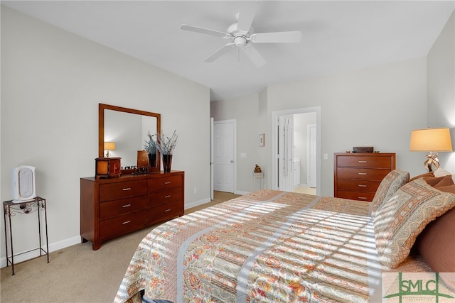 28 Turning Leaf Way, Savannah, GA 31419 - bedroom with light colored carpet, baseboards, ceiling fan, and connected bathroom