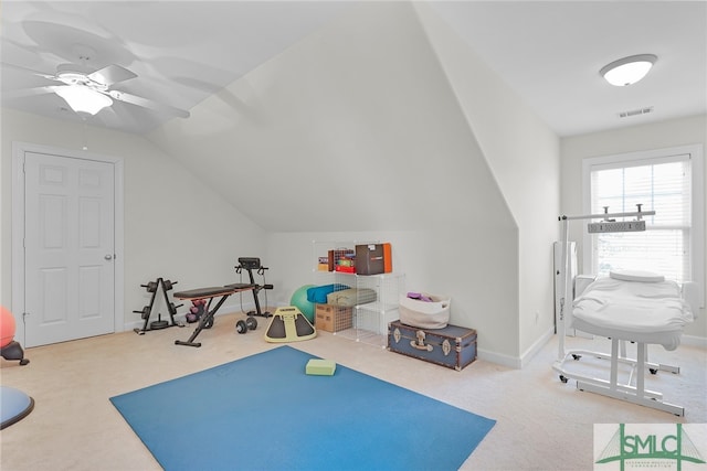 28 Turning Leaf Way, Savannah, GA 31419 - exercise room with carpet flooring, ceiling fan, baseboards, and lofted ceiling