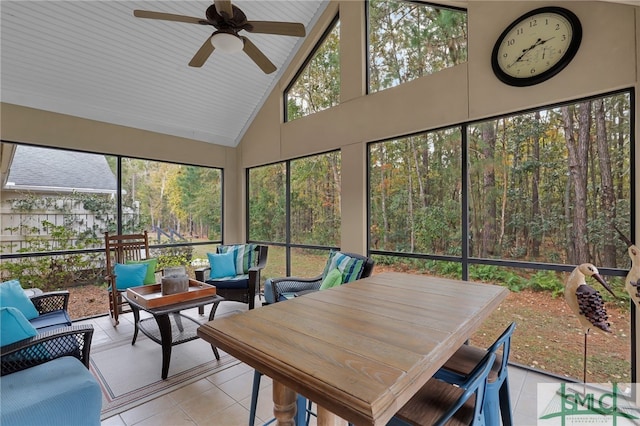 sunroom / solarium with ceiling fan and lofted ceiling