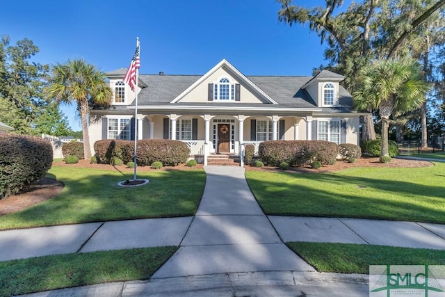 view of front of property featuring covered porch and a front lawn